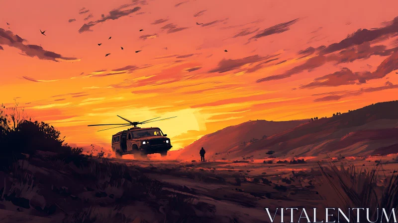 Sunset desert landscape with helicopter truck and lone figure