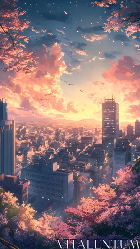 Urban skyline under sunset sky with cherry blossoms foreground.