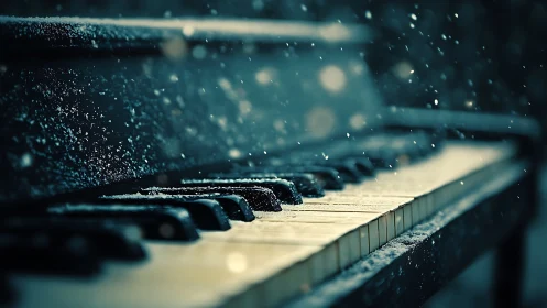 Outdoor piano keys under light snowfall in close focus.