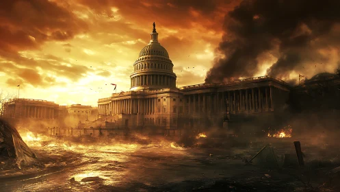 Capitol dome under apocalyptic inferno in cinematic digital realism