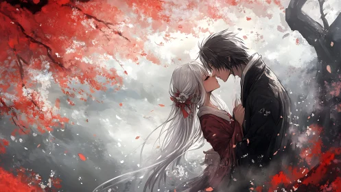 Autumnal anime lovers in atmospheric red mist composition.
