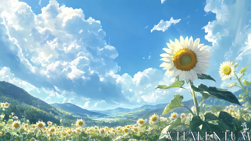 Sunflowers lean into a sky crowded with generous summer clouds