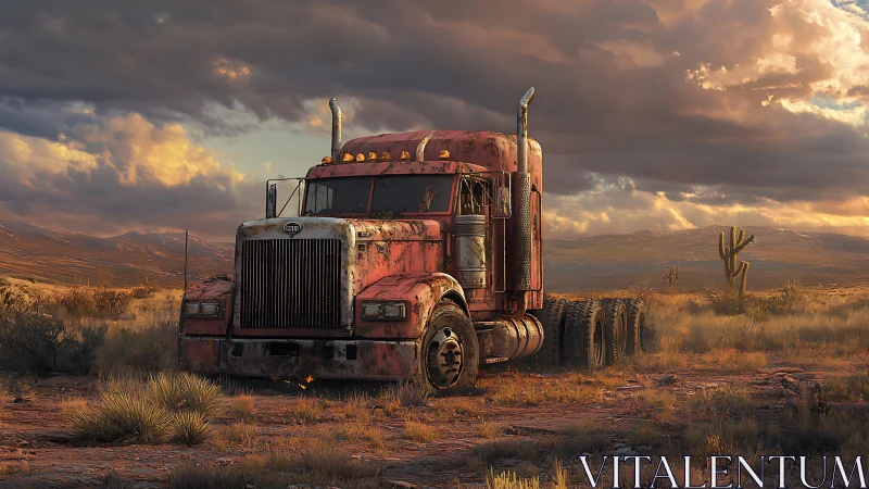 Weathered red semi truck resting under a glowing desert sky.