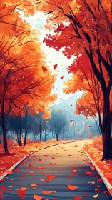 Curving paved path through orange autumn forest canopy.