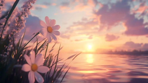 Soft daisies by a glowing lakeside sunset horizon.