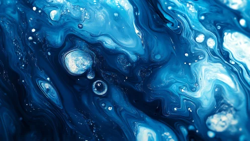 Liquid blue abstract swirls with floating luminous bubbles.