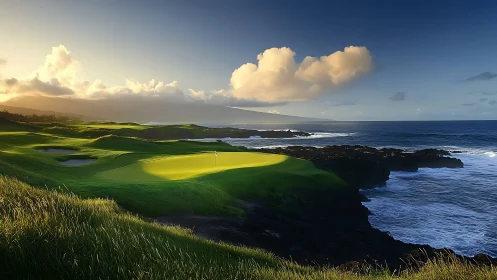 Coastal golf green under dramatic sunset clouds and surf.