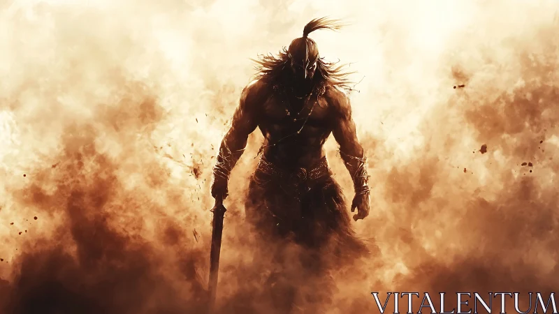 Lone warrior strides through swirling sand and blazing light