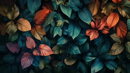 Autumn foliage pattern in deep teal and copper tones.