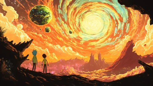 Celestial vortex sky over alien canyon with two observers