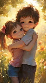 Two Children Sharing a Warm Golden Embrace.