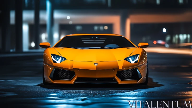 Photorealistic frontal study of orange supercar in urban nightscape.
