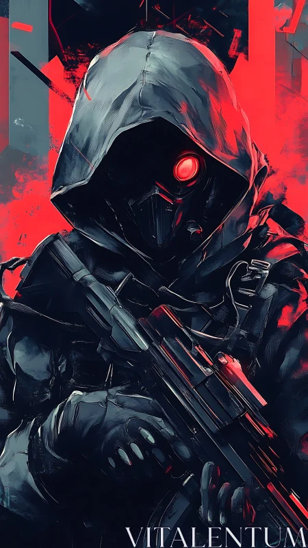 Cyberpunk hooded operative portrait in high-contrast palette.