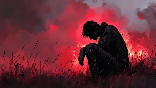 Silhouetted figure sits in field against intense red sky