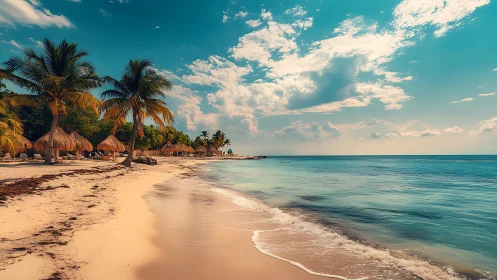 Tropical Beach Paradise Landscape with Palm Canopy.