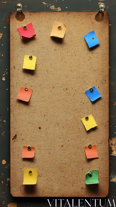 Weathered cork memo board with pinned multicolor paper tabs arranged vertically