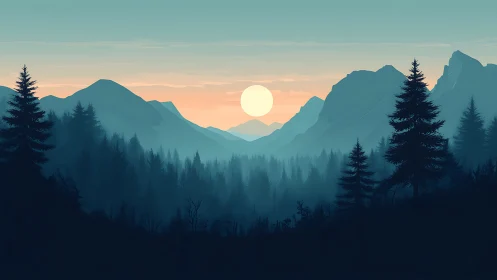 Atmospheric Layered Mountain Landscape With Luminous Celestial Orb And Coniferous Silhouettes