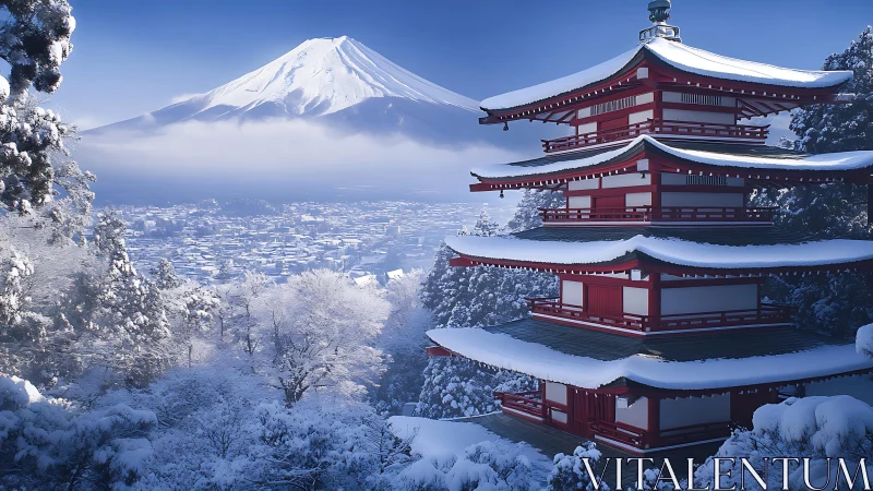 Photorealistic winter pagoda with Mt. Fuji axial landscape framing.