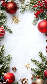 Festive red ornaments frame snowy Christmas background beautifully.
