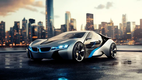 Futuristic sports coupe is parked on wet rooftop at dusk