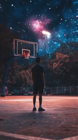 Lone night player gazes at a cosmic sky above the court