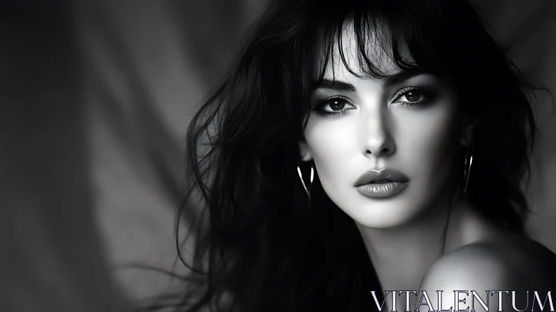Monochrome close-up portrait of woman with loose hair.