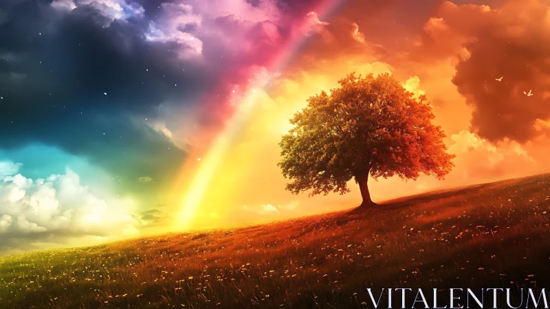 Solitary tree stands beneath vivid rainbow sky gradient