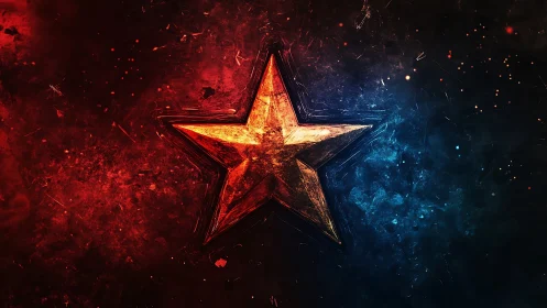 Metallic star emblem with red and blue textured background.