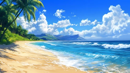 Tropical Beach Paradise with Mountain Vista.