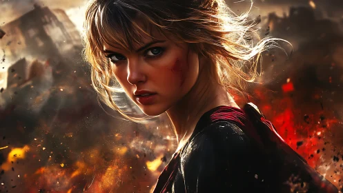 Battle-scarred heroine in incendiary cinematic close-up frame.