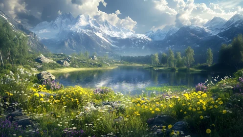 Mountain lake with wildflower meadow and snow-covered peaks.