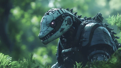 Cybernetic raptor sentinel prowls through luminous forest.