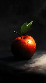 Red apple with water droplets in dramatic spotlight.