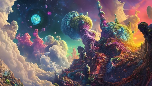 Surreal alien landscape shows nebula sky and organic towers