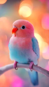 Pastel-toned parrot perched on branch against bokeh lights.