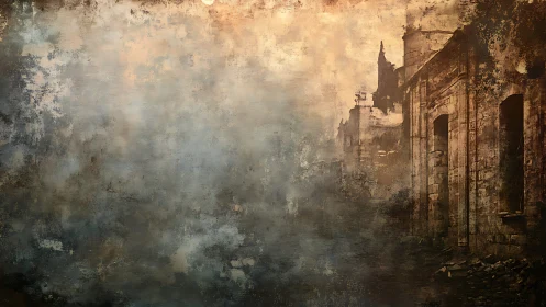 Ruined stone city fades into misty, textured twilight.
