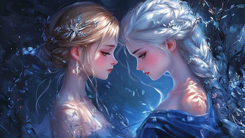 Twin elemental maidens in luminous fantasy forest night.