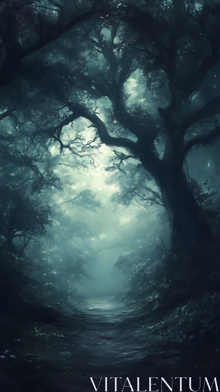 Ethereal Forest Path Through Luminous Woodland Canopy.