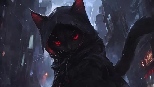 Hooded cyber-noir cat assassin dominates rain-soaked alley
