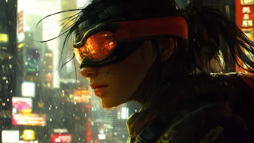 Profile view shows goggled figure in rainy neon cityscape