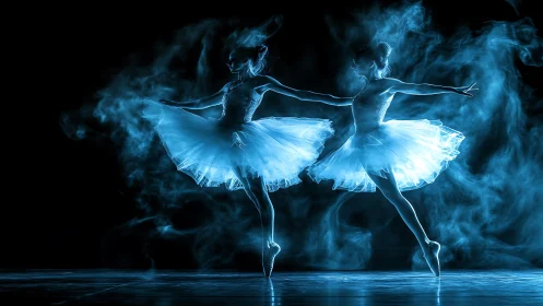 Backlit ballet dancers in blue haze on dark stage.