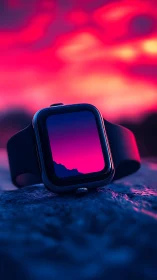Smartwatch rests on stone under vivid neon sunset sky