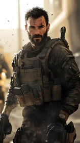 Grizzled urban commando stalks through sunlit battlefield haze