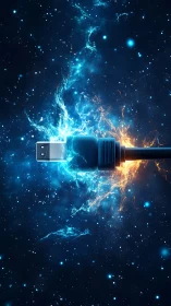 Cosmic USB cable sparking bright blue and orange energy.