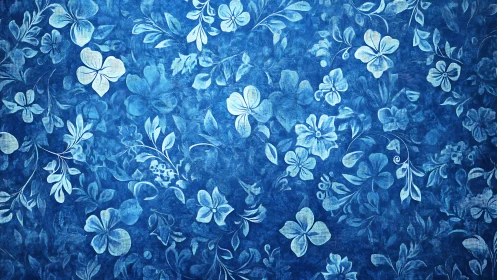 Blue Floral Damask Pattern with Textured Layered Botanical Elements