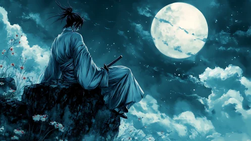 Anime nocturne of solitary samurai under full moon sky.