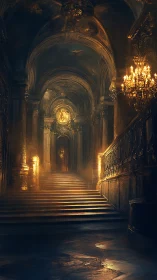 Grand baroque staircase in dim golden lamplight interior.