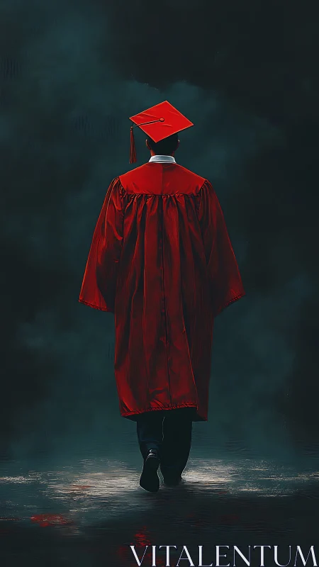 Graduate in red robe walks into a moody, uncertain future.