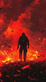 Solitary Soldier Silhouette Against Inferno Explosion Debris.