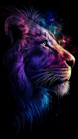 Cosmic lion in neon starlight watching a quiet universe.